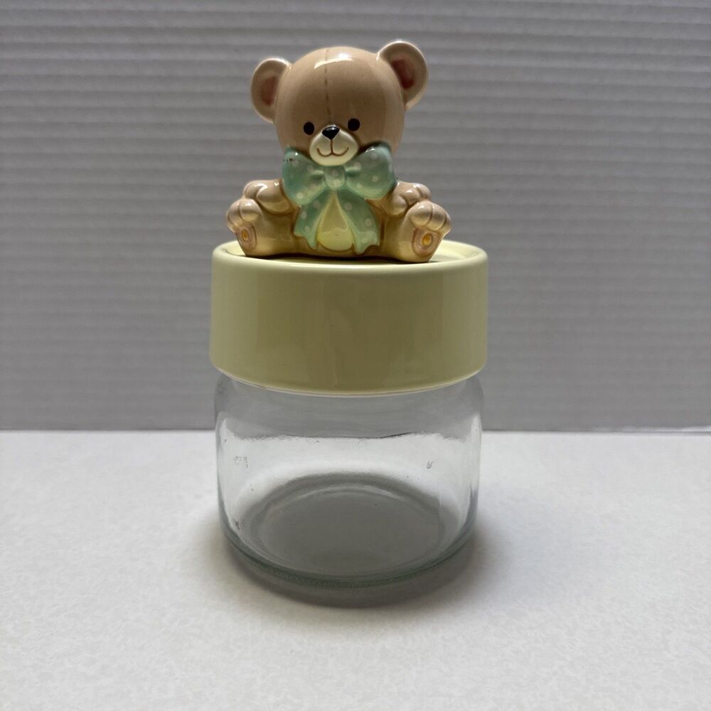 Teddy Bear Canister Jar Clear Glass Containers 6.5" - Ceramic- Yellow- Vintage